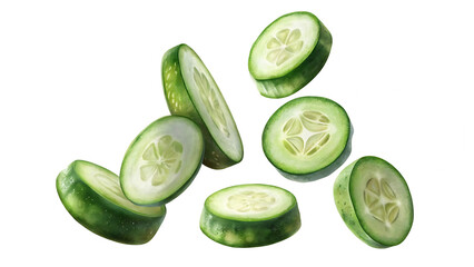 Artistic depiction of cucumber slices suspended in midair on a transparent background