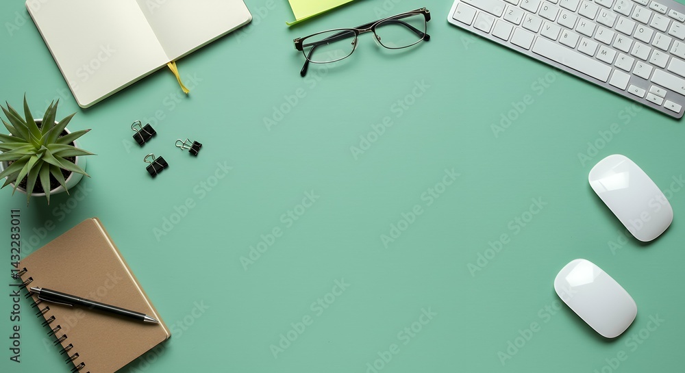 Poster minimalist workspace arrangement creatively composed overhead photographic desk surface data input d