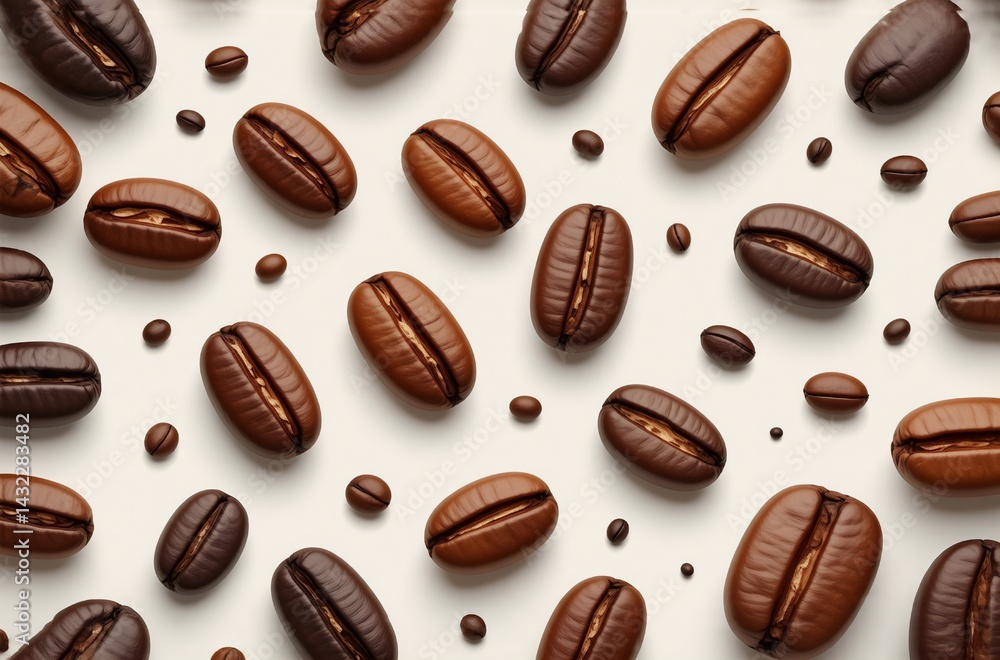 Poster A flat lay displays numerous coffee beans of varying sizes and shades of brown arranged on a white background. The beans are scattered, yet create a visually appealing pattern.