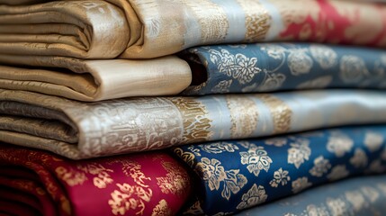 Stack of luxurious folded silk fabrics with ornate floral damask patterns in red, blue, and gold colors showing rich textile details and elegant design elements.