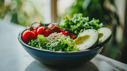 Fresh healthy salad bowl with mixed greens, ripe cherry tomatoes and sliced avocado on marble surface, top view with copy space. Nutritious food concept for diet, vegan lifestyle and clean