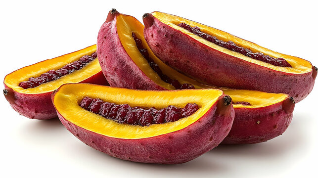 Sliced Babaco Fruit Displaying Yellow Pulp and Rows of Dark Seed