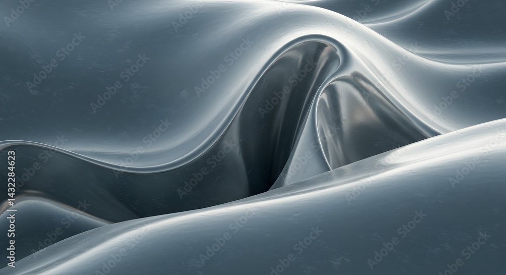 Poster abstract waves of shiny metallic material reflecting light creating smooth surface and depth of fiel