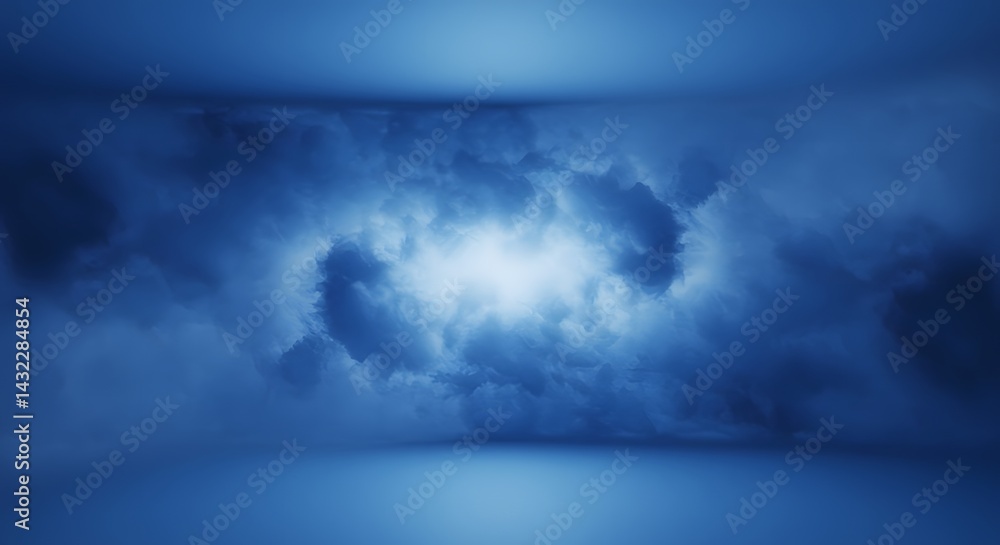 Poster abstract blue background with a central vortex of clouds and a smooth gradient surface below