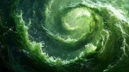 Mesmerizing spiral galaxy in deep emerald green tones with swirling cosmic clouds and stellar formations creating dramatic space atmosphere for astronomy projects.