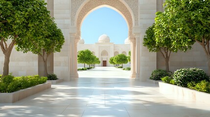 Obraz premium Ornate marble archway framing view of domed building through symmetrical garden walkway with green trees and sunlit stone path. Peaceful architectural scene.