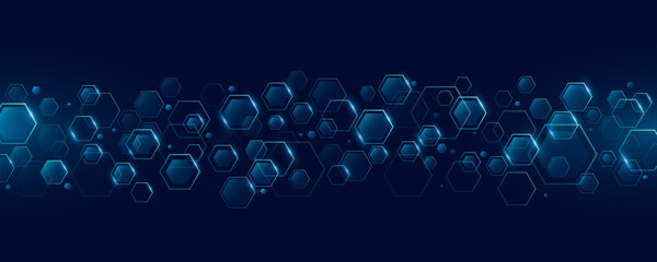 Futuristic glowing random blue hexagons for Business or Science background. Abstract cyber honeycomb mosaic. Medical research presentation backdrop for online webinar or forum. Vector Illustration