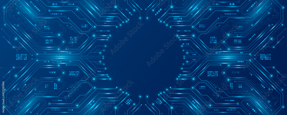 Fototapete ai circuit board with glowing electronics elements on blue backdrop. ui and gui design. futuristic h