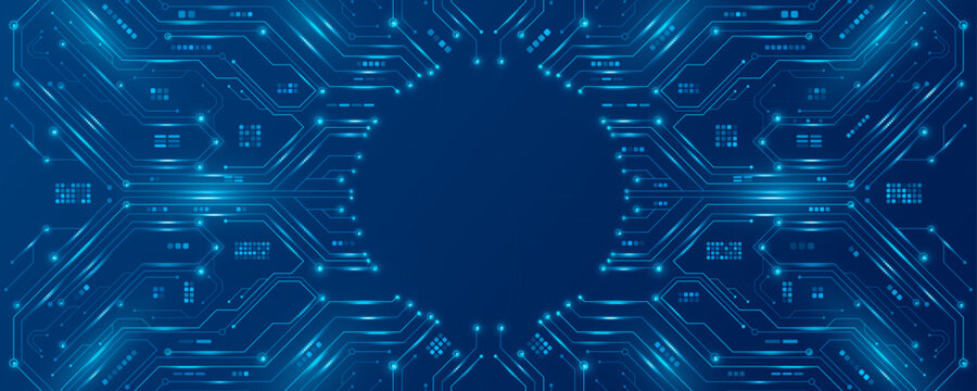 AI circuit board with glowing electronics elements on blue backdrop. UI and GUI design. Futuristic high tech panel of connected lines. Scientific and Technological background. Vector illustration