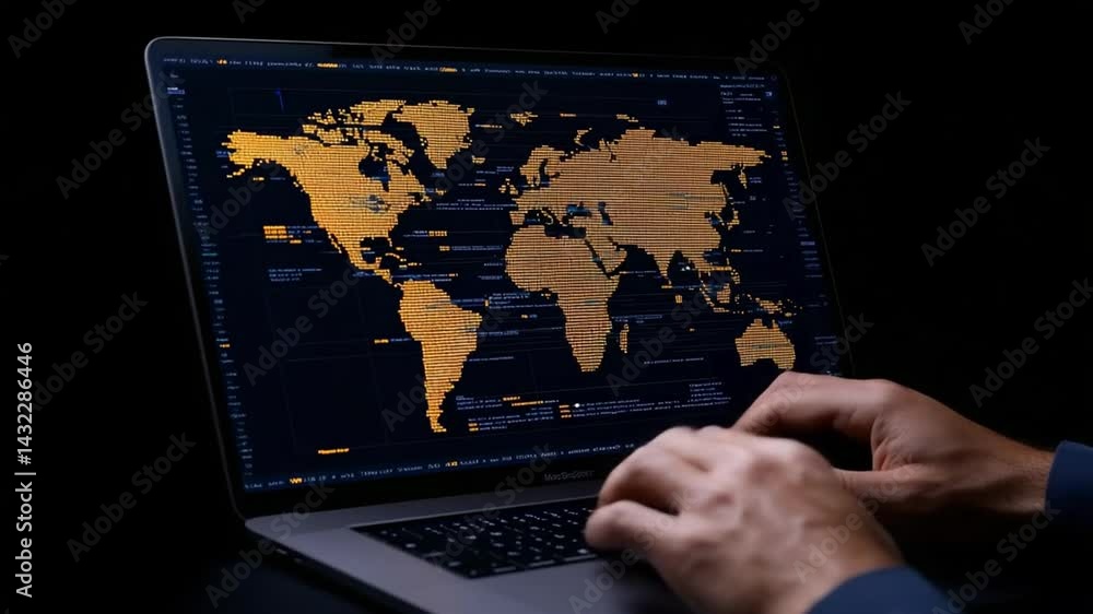 Poster global data analysis on laptop with world map visualization and person interacting with technology