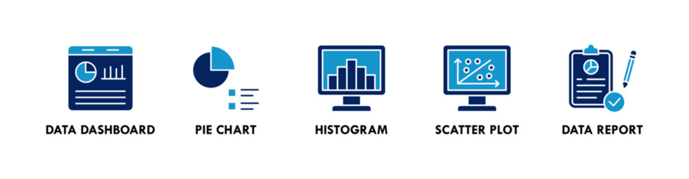 Data Analysis banner web icon illustration concept with icon of data dashboard, pie chart, histogram, scatter plot, and data report