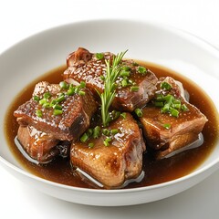 Delicious braised duck pieces served in a rich brown sauce garnished with fresh herbs in a white bowl on white background.