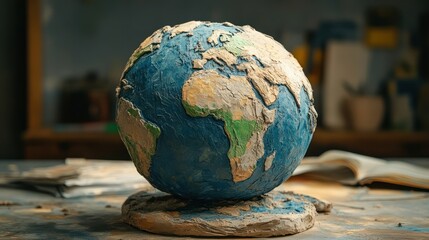 Handcrafted Earth Globe Model Displaying Africa in an Artist's Studio Setting