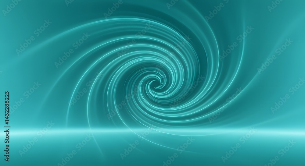 Poster a teal abstract background with a swirling vortex pattern and a smooth horizontal surface effect bel