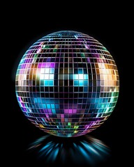 Obraz premium Shiny disco ball with colorful light reflections on black background, mirror ball casting blue glow underneath, retro party and dance club symbol.