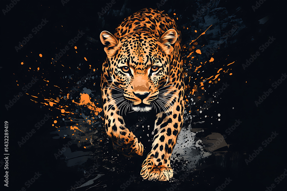 Poster fierce leopard sprinting through a colorful splash of paint on a dark background