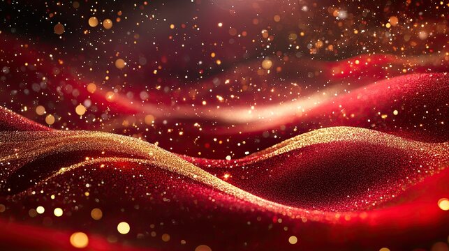 Abstract luxury red background with wave and gold particles. Christmas bokeh light effect. 