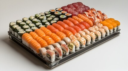 A large platter displays an extravagant assortment of fresh sushi including salmon nigiri, maki rolls, and various sashimi pieces.