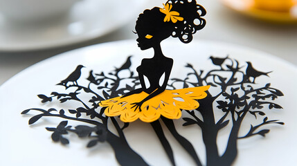 Silhouette figure, seated beneath a paper tree, detailed in vibrant yellow and black.