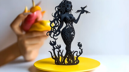 Obraz premium Silhouette figure of a woman with flowing hair and a bird.