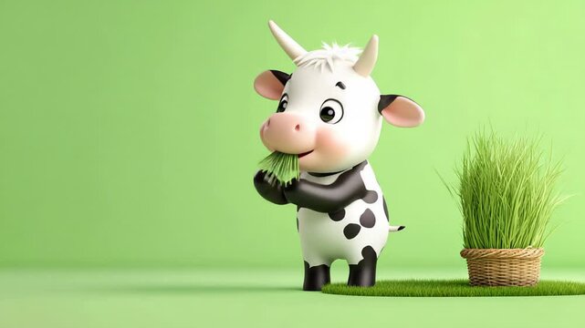 Cartoon cow eating grass simple design illustration