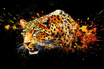 A vibrant, artistic depiction of a leopard prowling through a colorful, abstract background