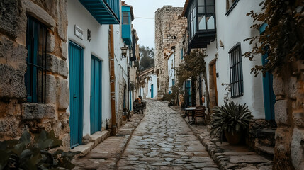 Fototapeta premium A narrow cobblestone alleyway lined with traditional whitewashed buildings.