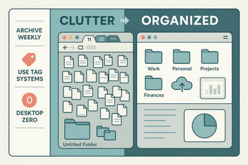 From Chaos to Order: The graphic compares a cluttered digital desktop, overflowing with disorganized files, to a neatly organized system.