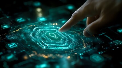 Finger touching glowing turquoise hexagonal interface on dark background with digital elements and circuit patterns, representing cybersecurity and technology innovation.