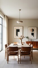 Modern dining room interior with minimalistic wooden furniture, natural lighting from large window, neutral tones, and stylish contemporary decor perfect for home inspiration or design use

