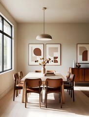 Modern dining room interior with minimalistic wooden furniture, natural lighting from large window, neutral tones, and stylish contemporary decor perfect for home inspiration or design use

