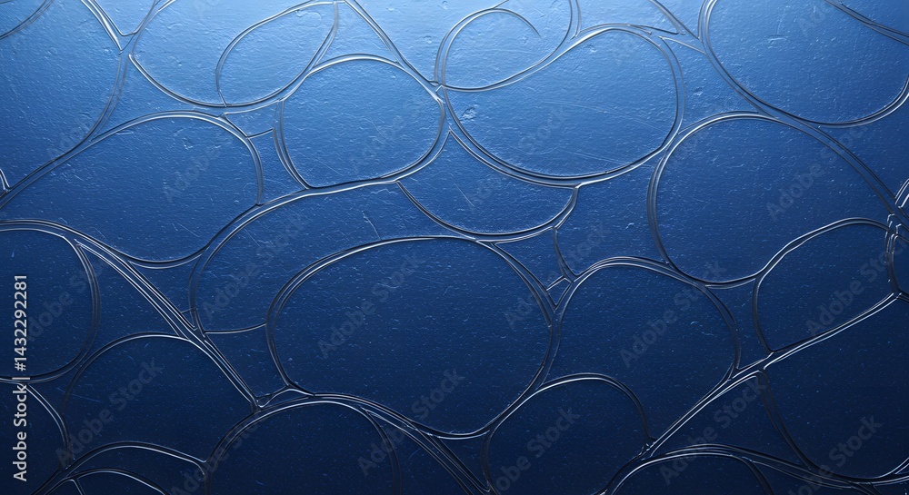 Poster a blue textured surface with curved lines forming circular and wave like patterns across the frame v