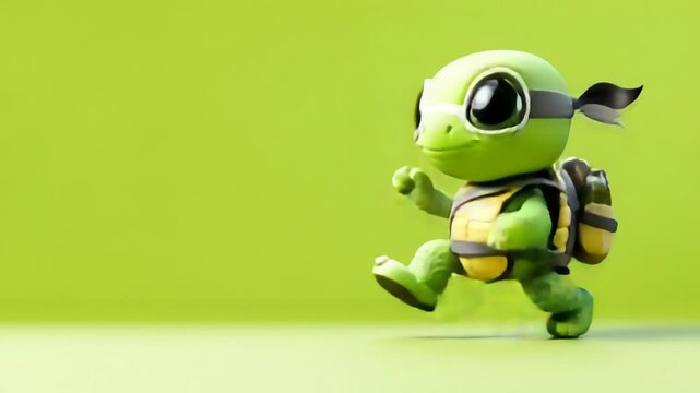 Cartoon turtle running with backpack green background