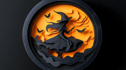 Halloween themed paper cut out design of a witch on a moon.