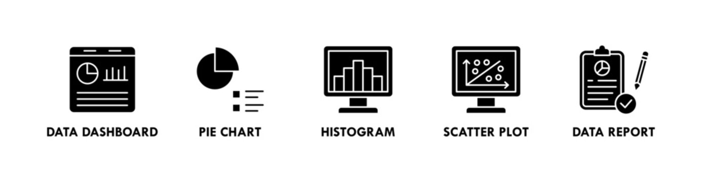 Data Analysis banner web icon illustration concept with icon of data dashboard, pie chart, histogram, scatter plot, and data report