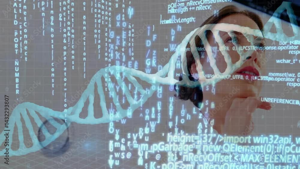 Poster woman interacting with holographic interface in biotech lab, showing floating code and dna helix