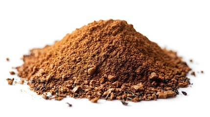 A close-up studio shot shows a small pile of loose leaf tea powder isolated on a white background.