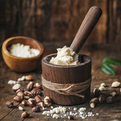Shea Butter and Nuts in Wooden Mortar on Rustic Table