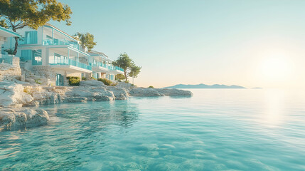 Fototapeta premium Coastal vacation homes bathed in morning sunlight.
