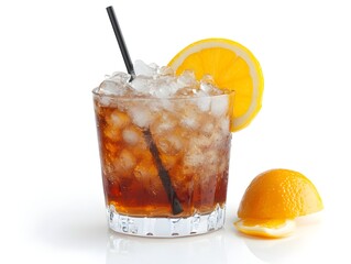 Refreshing iced cola drink in rocks glass with lemon wedge and straw on white background perfect for summer cocktails.