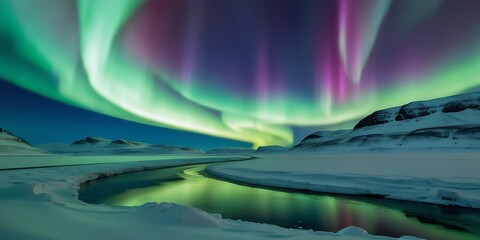 Mesmerizing northern lights dancing in vibrant colors above a tranquil icy terrain with mountains and a glowing aurora reflected in the water during polar night



