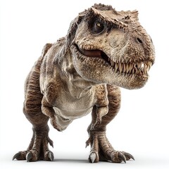 Fototapeta premium A large tyrannosaurus rex stands imposingly with its powerful legs, teeth, and textured skin, vividly showcasing the prehistoric predator on white background.