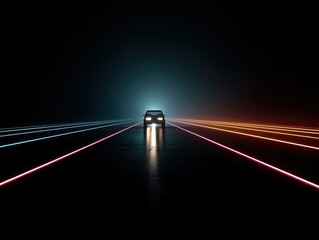 A car drives on a dark road with neon light streaks on either side of it, the headlights reflecting off the wet pavement creating an eerie yet futuristic scene.