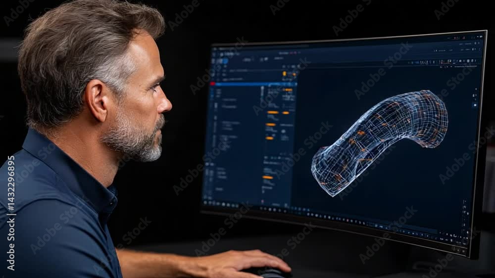 Poster focused male designer working with 3d modeling software to create innovative digital designs in a mo
