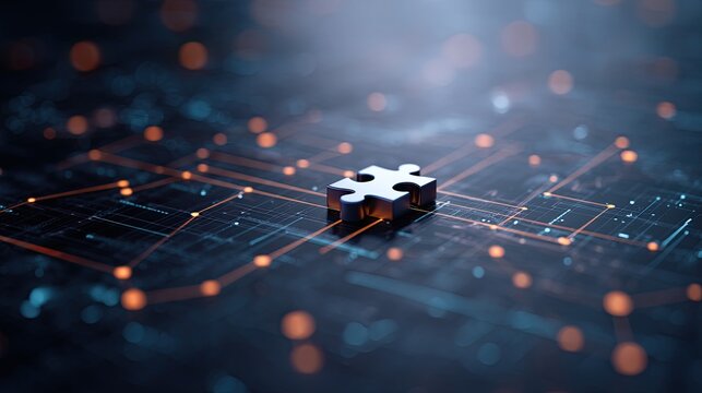A single silver puzzle piece rests on a connected network of glowing nodes symbolizing solutions, integration, and technology in a visually striking composition.