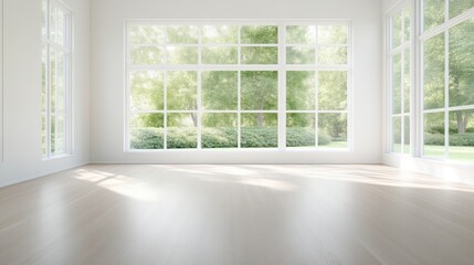 Fototapeta premium Empty bright room with large windows overlooking a garden
