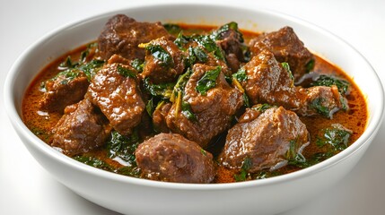 A delicious and savory beef stew with spinach in a rich, flavorful sauce is served in a white bowl.