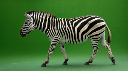 Fototapeta premium A zebra with striking black and white stripes confidently walks across a vibrant green screen background, its unique coat pattern contrasting against the backdrop.