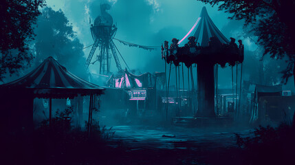 A creepy carnival with abandoned game booths, eerie sounds, and ghostly apparitions. Wraith Column. Illustration