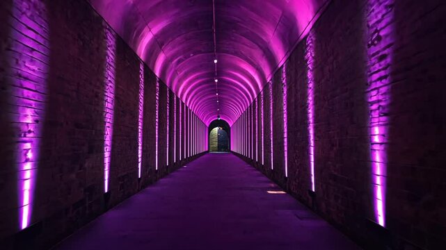 Illuminated Tunnel with Purple Lighting: An Immersive Architectural Experience